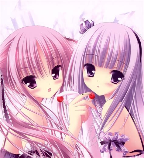 Food Ribbons Cherries Purple Hair Pink Hair Anime Tinkle Illustrations Two Girls Anime Girls