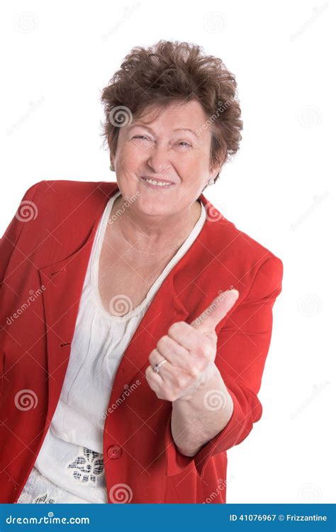 Lucky And Funny Old Woman Wearing Red Jacket Thumbs Up Stock Image Image Of Isolated Lucky