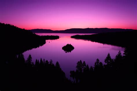 Purple Sky Photography Landscape Lake Mountains Forest Island