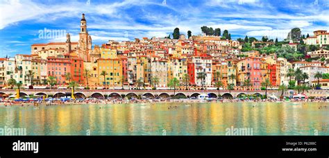 Beautiful Menton Villageview With Colorful Houses And Seafrance Stock