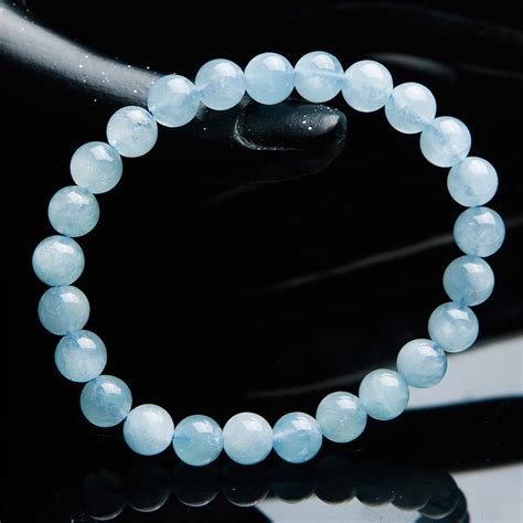Genuine Natural Blue Aquamarine Bracelet Women Female Stretch Round