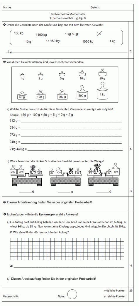 Hier ist nun große vorsicht angebracht: Probearbeit Mit Lösungen: Gewichte - G, Kg, T, 3. Klasse with Rechenaufgaben 3 Klasse Zum ...