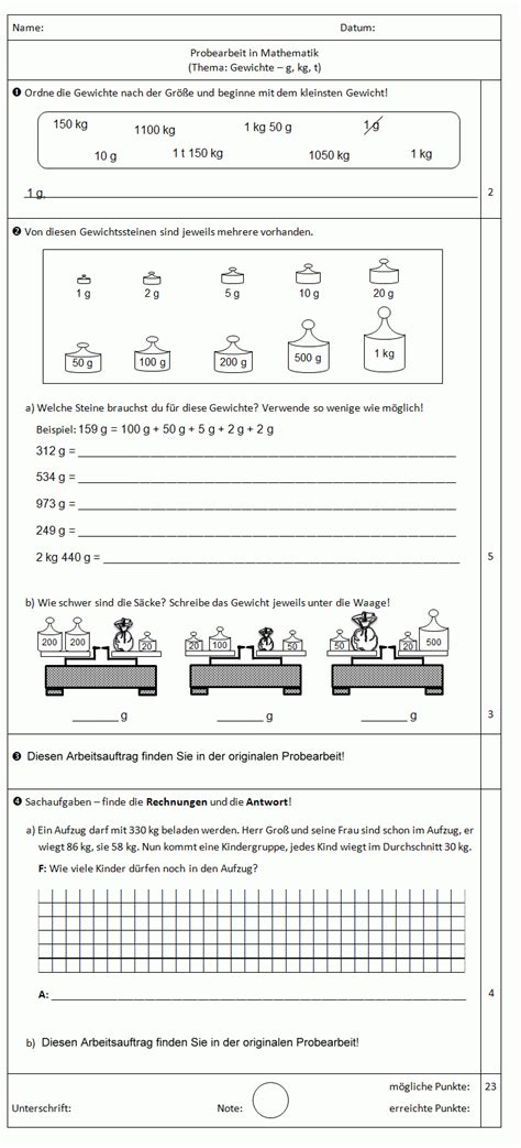 Sie ist fleißig und lernt gut und gern. Probearbeit Mit Lösungen: Gewichte - G, Kg, T, 3. Klasse ...