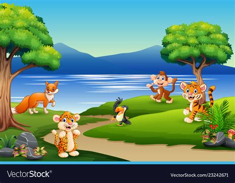 Happy Animals Cartoon On The Nature Scene Vector Image
