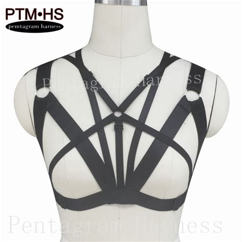 pentagram harness womens sexy bondage body harness cage bra black elastic strappy adjust crop