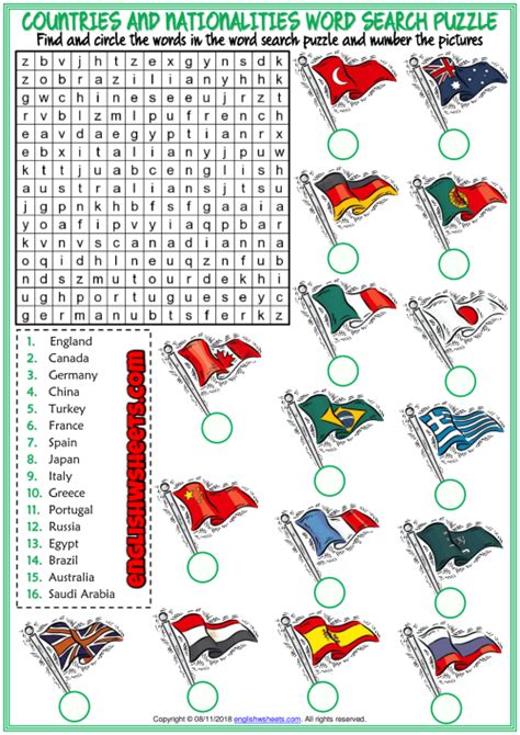 countries  nationalities esl word search puzzle worksheet