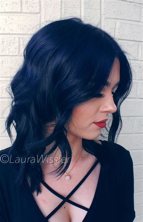 This hair color has become a huge trend in recent times. Midnight blue black hair color & textured Lob Instagram ...