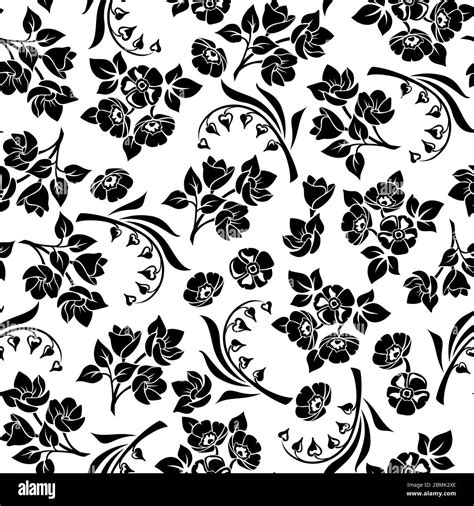 Vector Seamless Black And White Floral Pattern With Various Flowers