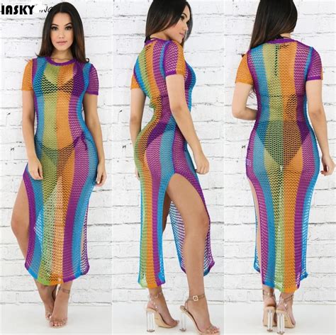 Iasky 2017 Sexy Rainbow Bikini Cover Ups Swimsuit Bathing Suit Cover Up Summer Beach Wear Pareo