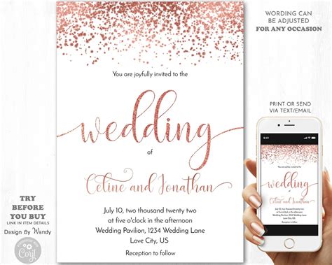 Rose Gold Wedding Invitation Template Calligraphy Wedding Etsy