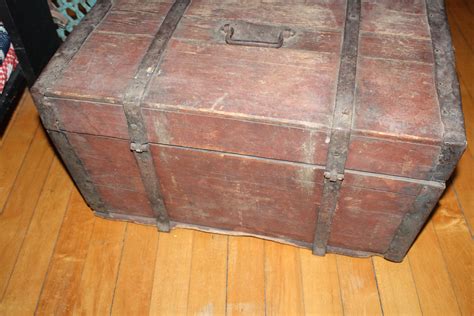 Antique 1800s Wood Trunk Immigrant Chest Original Red Paint New York