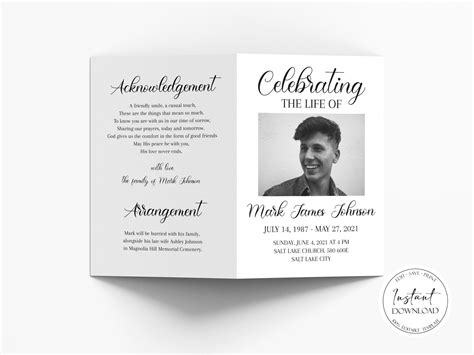 Celebration Of Life Funeral Program Template Simple Funeral Etsy
