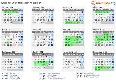 Kalender 2024 Ferien Nordrhein Westfalen Feiertage