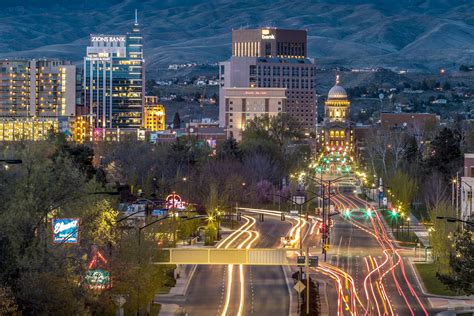 Cityscape Of Boise Lighted Up At Night In Boise Idaho Us Travel