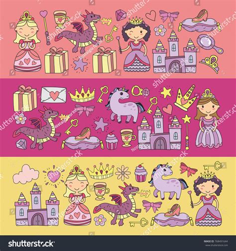 Set Doodle Princess Fantasy Icon Design Stock Vector Royalty Free