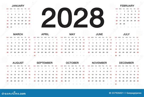 Vector De Plantilla De Calendario 2028 Conjunto De Calendario De 12