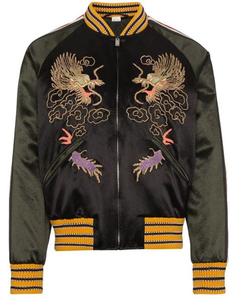 Gucci Synthetic Gg Embroidered Dragon Bomber Jacket In Black For Men Lyst
