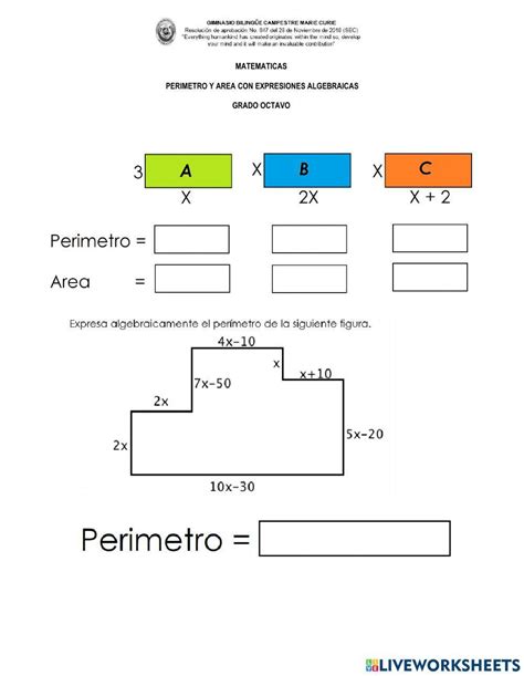 Perimetros Y Areas Con Expresiones Algebraicas Worksheet Live Worksheets