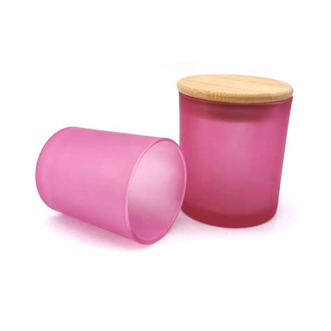 New Arrival Pink Color Frosted Glass Empty Candle Jar Candle Container With Wood Cover Lid High