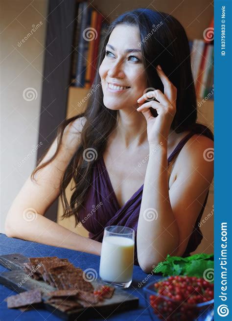 Vegan Woman Sitting At The Table With Healthy Food Stock Image Image Of Flaxseed Life 183759833