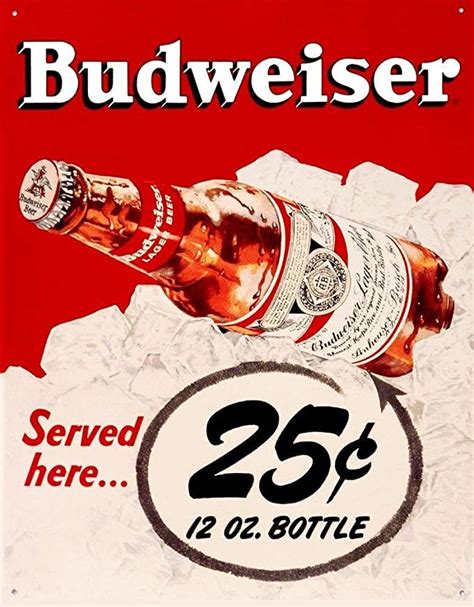 Budweiser Bud Served Here 25 Cents Beer Bottle Retro Vintage Tin Sign
