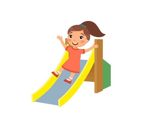 Premium Vector Happy Little Girl Slides Off A Childrens Slide