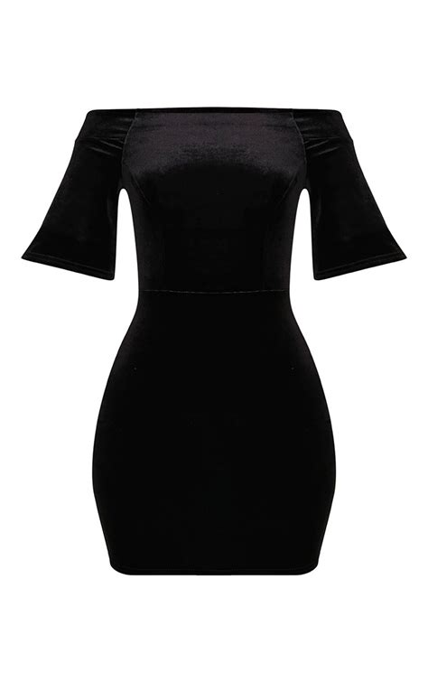 Elonia Black Velvet Bardot Bodycon Dress Prettylittlething