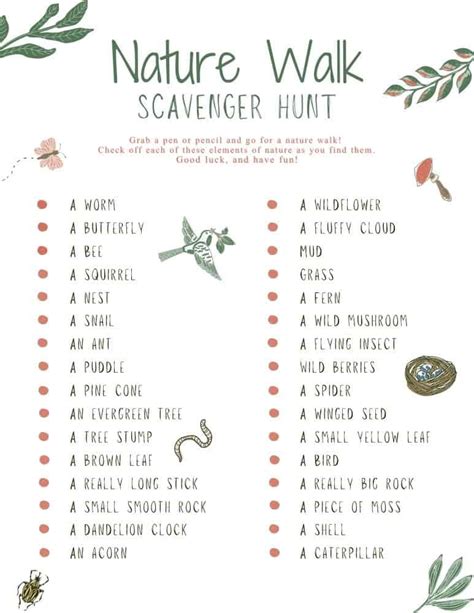 Nature Walk Scavenger Hunt Free Printable Checklist