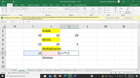 Actividad 1 Excel Operaciones Básicas Suma Resta Multiplicación Y