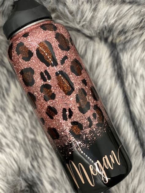 Personalized Leopard Print Black Rose Gold Glitter Ombré Womens Water