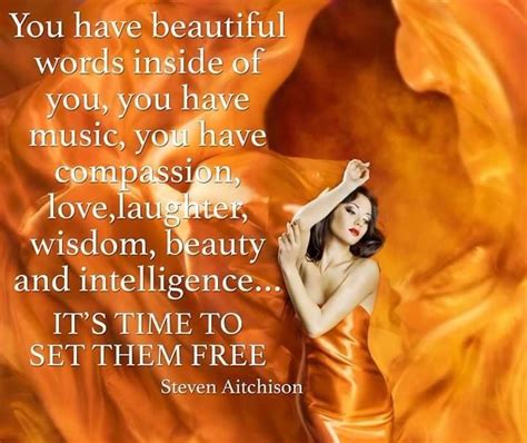 a woman in a gold dress with an orange background and quote from steve aitchson