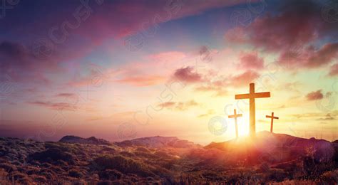 Crucifixion Of Jesus Christ Three Crosses On Hill At Sunset Stock
