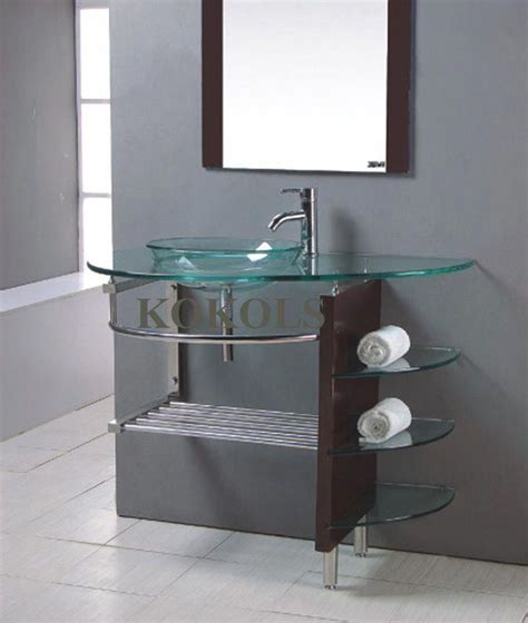 Modern Bathroom Glass Bowl Clear Vessel Sink Wood Vanity W Shelfs