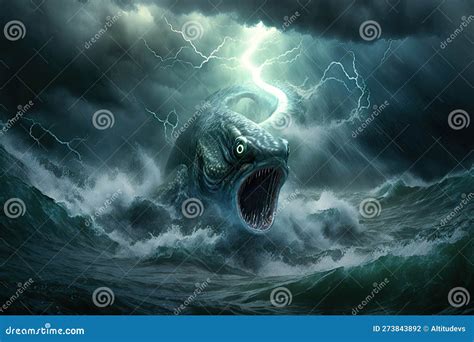 A Sea Monster Lurking In The Depths Of A Stormy Ocean With Lightning