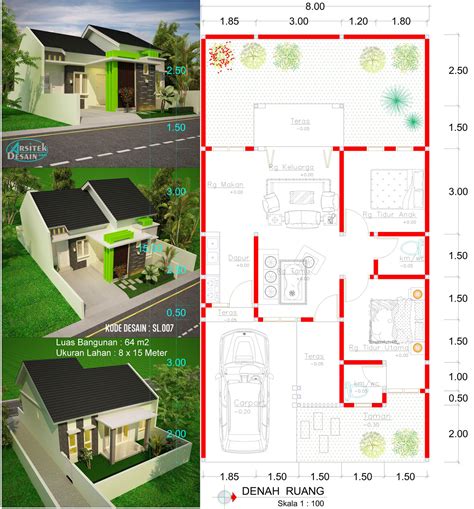Desain Rumah 1 Lantai Type 64 Lebar 8 Meter Minimalis Arsitek Desain