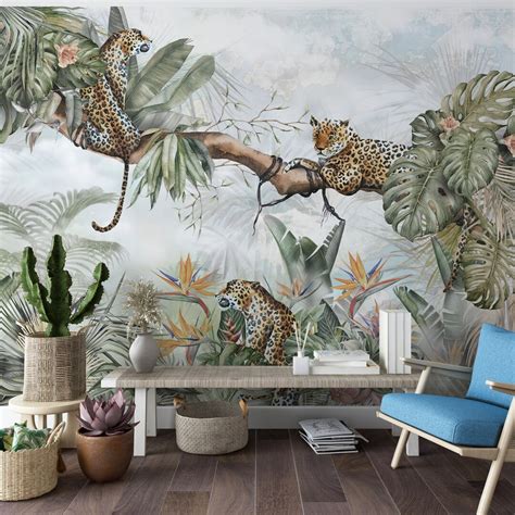 Exotic Landscape And Leopards Wallpaper Peel And Stick Etsy