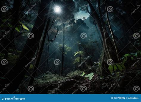 Dark Rainforest At Night With The Magical Glow Of The Moon And Stars