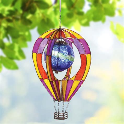 Hot Air Balloon Hanging Wind Spinner With Globe Indooroutdoor Garden