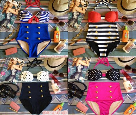 Vintage Retro Pin Up Nautical Sailor Stripes High Waist Bikini Swimwear