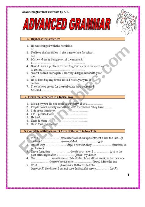 7 Pages Of Advanced Grammar Exercises With A Key Esl Worksheet By