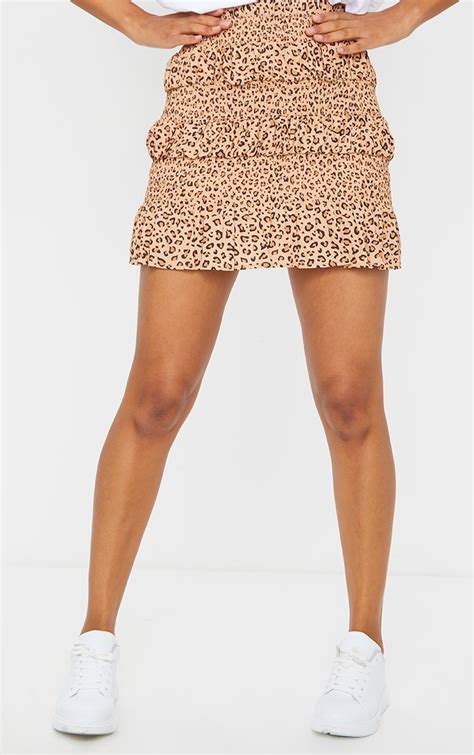 Tan Leopard Tiered Frill Mini Skirt Skirts Prettylittlething Ie