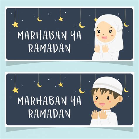 Muslim Kids Ramadan Kareem Banner Vector Premium Vector