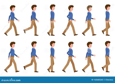 Young Adult Man In Light Brown Pants Walking Sequence Poses Vector Illustration Moving Forward