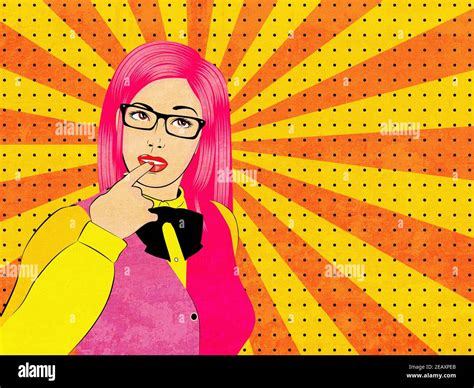 Young Thoughtful Woman In Eyeglasses Retro Pop Art Style Textured