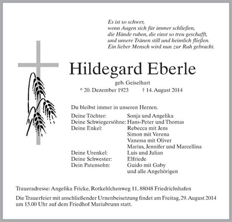 Traueranzeigen Von Hildegard Eberle Schwaebische De Trauerportal My