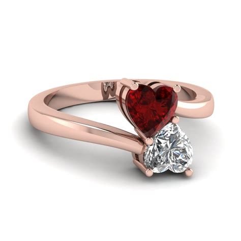 Heart Shaped Diamond Heart Pair Side Stone Ring With Red Ruby In 14k