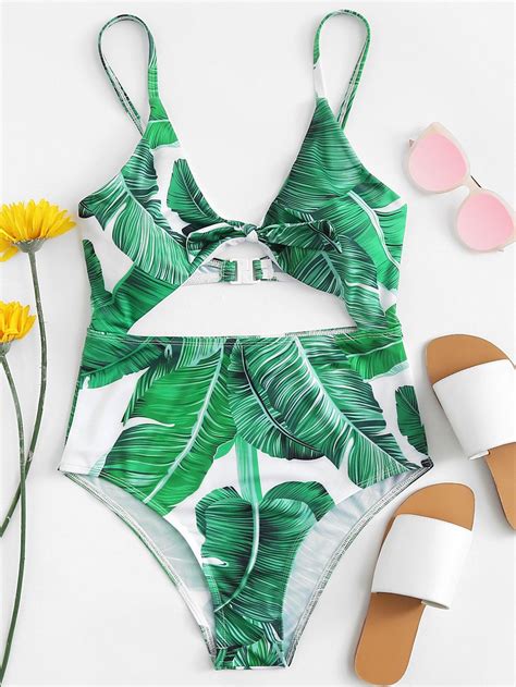 Knot Cutout Front Tropical Swimsuit Shein Sheinside Tropical Swimsuits Swimsuits Summer