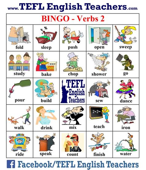 Tefl English Teachers Bingo Verbs Game Board 2 Of 20 Bingo Para