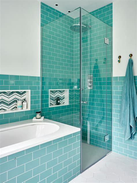 All of the bathroom mockups use the same b&w mint green 4″x4″ ceramic wall tiles paired with inexpensive black ceramic 2″x6″ bullnose, black ceramic bathroom accessories — like a soap. Wilding & Wolfe | House of Turquoise