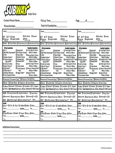 Free Printable Subway Order Form